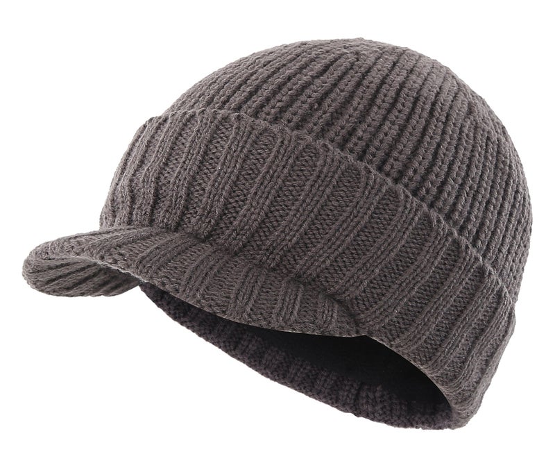 Home Prefer Men's Outdoor Newsboy Hat Winter Warm Thick Knit Beanie Cap with Visor Gray - Image 1